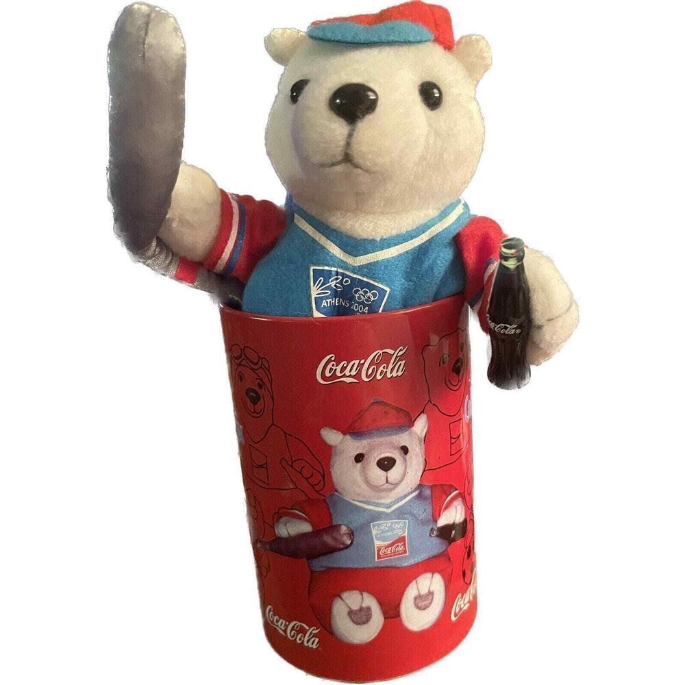COCA COLA 2004 OLYMPICS ATHENS SAFE CAN W/ POLAR BEAR BEAN PLUSH Baseball VTG‎